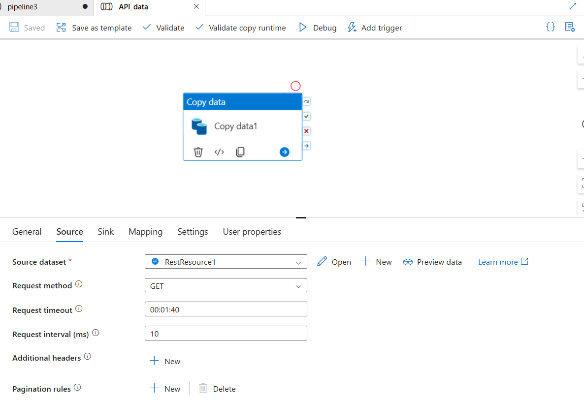 End-to-end ADF ETL flow showing: REST API source β Linked Service β Dataset β Copy Activity β Dataset β Linked Service β ADLS Gen2 sink. Below the flow: Trigger icon labeled "Scheduled: daily 2am". All inside a Pipeline box.